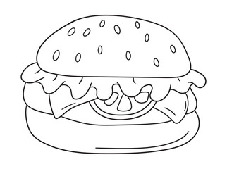 Delicious burger coloring page with a simple outline design. Great for food lovers, kids, and adults. Ideal for printable coloring books and digital artwork