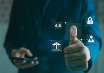 Digital Security, fingerprint authentication and financial icons over smartphone, business setting, blue hues.