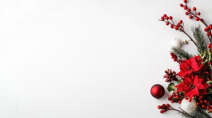 Fototapeta premium Red poinsettia flowers and festive Christmas ornaments arranged on a clean white background with copy space.