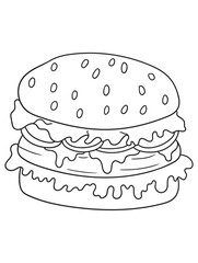 Delicious burger coloring page with a simple outline design. Great for food lovers, kids, and adults. Ideal for printable coloring books and digital artwork