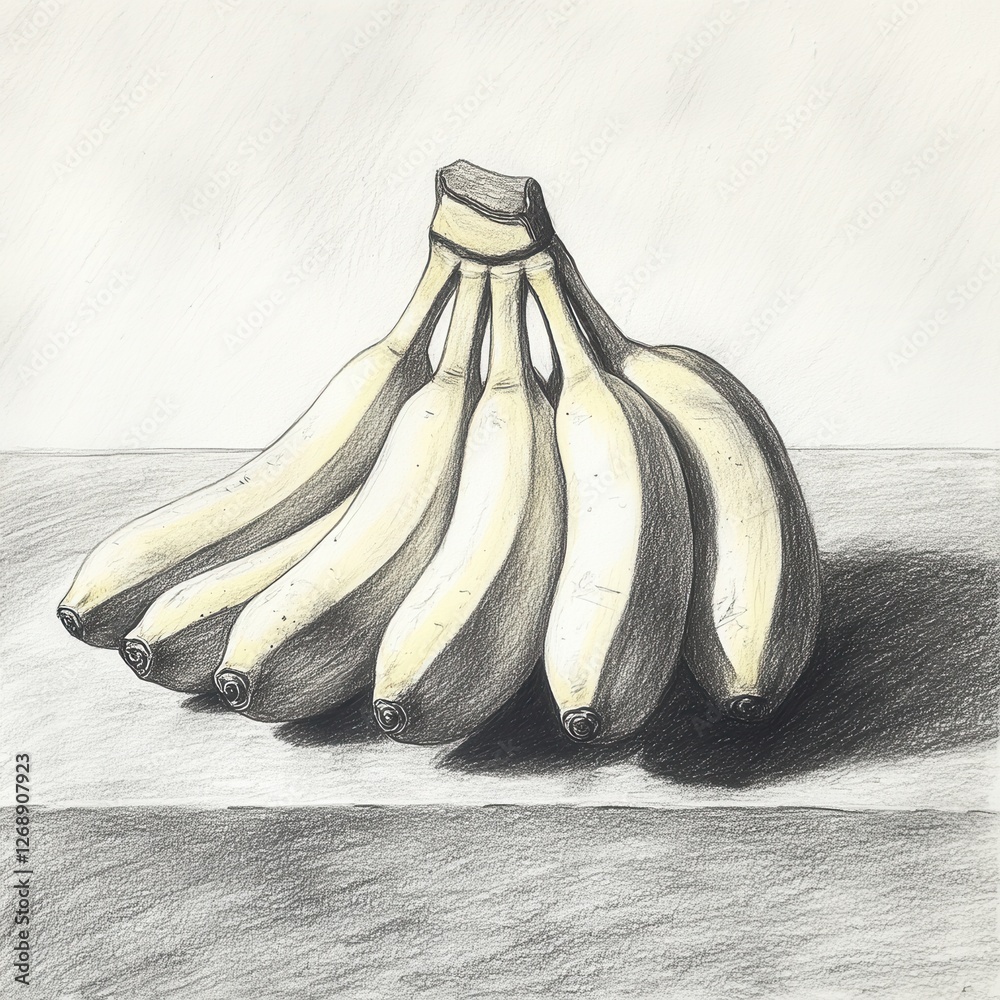 Poster Bunch of bananas resting on a table in a simple drawing showcasing their natural form and shading techniques