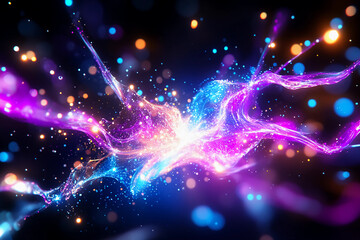 Obraz premium Fractal Nano Fusions - Nano fractals merging and splitting apart with brilliant radiance in electric blues and purples, glowing with delicate white lines mimicking microscopic fusion