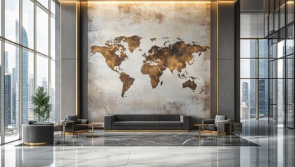 Modern office lobby, world map wall, city view, luxury seating