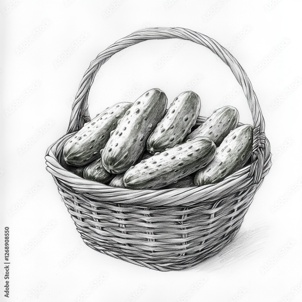 Poster sketch of a basket filled with fresh cucumbers on display in a local market at midday