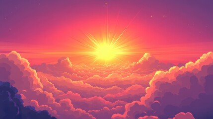 Illustration depicts a vibrant sunset sky filled with fluffy clouds