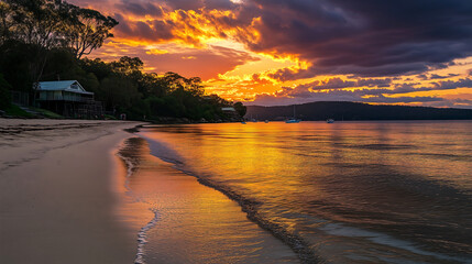 Serene Beach Sunset Over Calm Ocean with Golden Sky Reflection &ndash; Ideal for Travel Blogs, Wallpapers, Relaxation Content, and Social Media Aesthetics