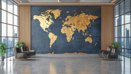 Obraz na płótnie Canvas Golden world map in modern office lobby