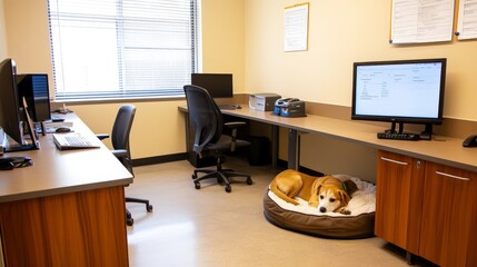 Cozy office space featuring a relaxed dog on a bed, with computers and a calm atmosphere