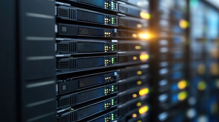 Modern Data Center with High-Performance Servers and LED Lights