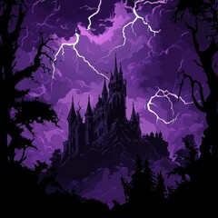 Gothic castle towers under a stormy purple lightning filled sky