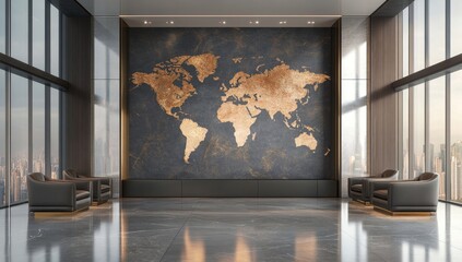 Modern office lobby, global map wall, city view, waiting area