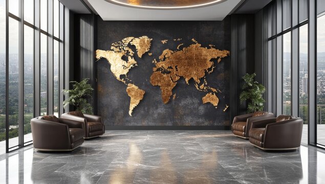 Luxury office lounge, global map wall, city view