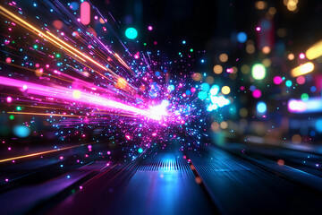 Obraz premium Holographic Flux Burst - Dynamic holographic energy burst scattering radiant pink, green, and blue particles in a futuristic digital space creating vibrant abstract patterns