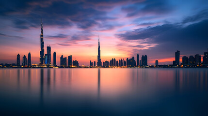 Fototapeta premium cityscape of modern skyscrapers and iconic towers reflecting on the calm waters at the golden hour