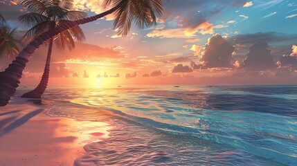 Amazing vivid sunset over calm sea. Pink, blue and yellow colors of sky and their reflection on water surface. Coconut palm trees on sandy beach.