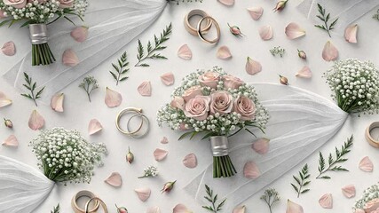 Wedding Composition. Looping Background. invitation, wedding rings, roses, white flowers on light textured background. Perfect for wedding invitations and video postcards. Top view.