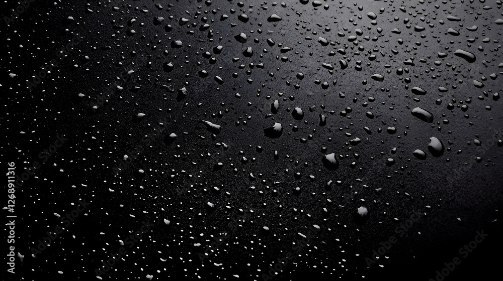 Poster close up detailed view of dark wet water droplets on a reflective shiny black surface minimalist abs