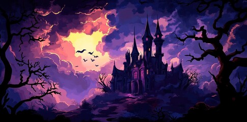 Spooky haunted castle sits beneath a twilight sky with bats