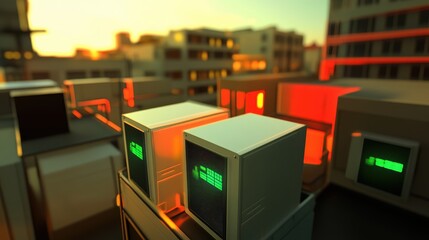 Modern Urban Rooftop Scene with Futuristic Data Storage Units