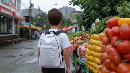 Boy walking through outdoor market, fresh produce, city street