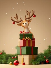 Reindeer with Stack of Christmas Gifts - A cute reindeer sits atop a stack of Christmas presents, symbolizing joy, generosity, festive cheer, winter holidays, and the spirit of giving