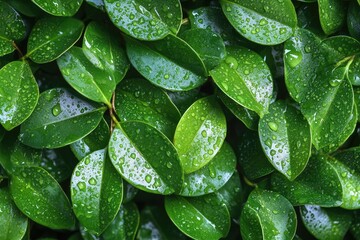 Naklejka premium Vibrant Green Leaves with Fresh Water Droplets Capturing Nature's Beauty