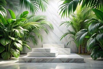 Fototapeta premium Elegant Marble Platform with Lush Tropical Foliage: A Luxurious Still Life