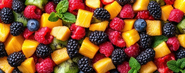 Obraz premium A vibrant assortment of fresh fruits including raspberries, blackberries, blueberries, and cantaloupe, garnished with mint leaves for a refreshing touch.