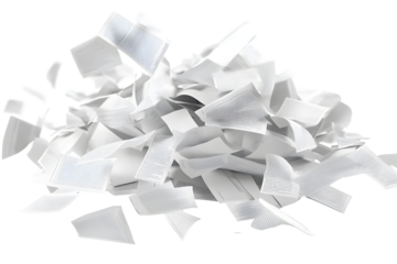 A pile of scattered white papers with printed text flying in the air, depicted on a clean white background. Concept of paperwork, chaos, stress. 3D Rendering.