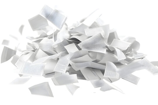 A pile of scattered white papers with printed text flying in the air, depicted on a clean white background. Concept of paperwork, chaos, stress. 3D Rendering. - Powered by Adobe