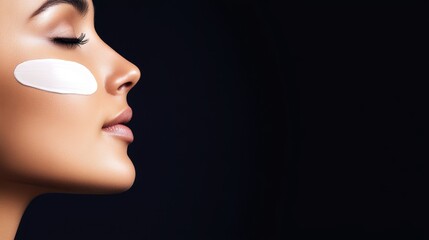 Woman applying facial cream in a serene setting with dark background emphasizing skincare routine