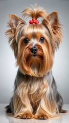Glamorous Yorkshire Terrier with long hair and a red bow