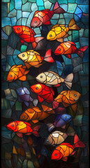 School of colorful fish on mosaic background.