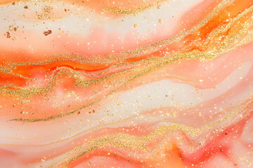 Fototapeta premium Peach watercolor background with gold glitter and white space for text