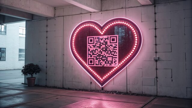 Illuminated pink heart sign with QR code on urban wall
