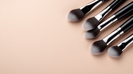 Professional makeup brushes arranged elegantly on a soft background, ideal for beauty product promotion