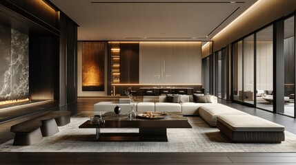 Modern luxury living room, fireplace, city view, interior design