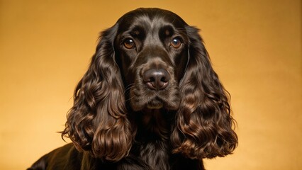 Elegant black cocker spaniel dog with long curly hair posing against golden background
