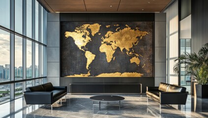 Modern office lobby gold world map cityscape