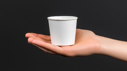 Small Paper Cup in Hand - A hand gently holds a small, empty white paper cup against a dark background. Perfect for branding or beverage concepts