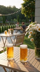 Refreshing beers served in a sunny beer garden during Oktoberfest celebration