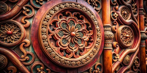 Fototapeta premium Elegant Traditional Chinese Round Frame Ornament, Asian Decorative Circle Border, Intricate Design, Antique Style, Vintage Asian Frame