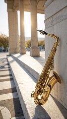 Naklejka premium Saxophone leaning against a column in the sunlight at an Oktoberfest celebration 