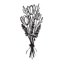 Hand made bouquet with tulips, delphinium and branch with leaves in brush stroke texture. Hand drawn vector sketch illustration in vintage charcoal ink style. Floral shop logo design, greeting card