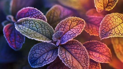 A stunning microscopic image of frost forming delicate patterns on plant leaves.