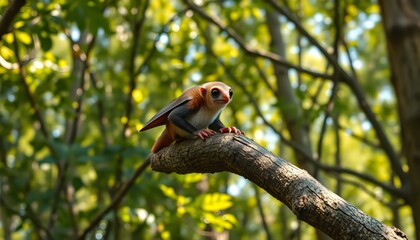 Fototapeta premium Adorable Fictional Creature Perched on a Branch in a Lush Forest