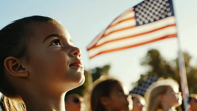 Fourth of July parade with USA flag waving proudly