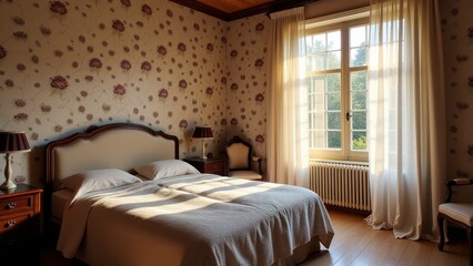 Lacy curtains, Vintage bedroom floral wallpaper open window flowing lacy curtains photorealistic.