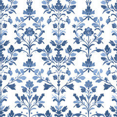 Fototapeta premium Vintage Seamless Blue and White Floral Damask Pattern with Elegant Botanical Details for Textile and Wallpaper Design