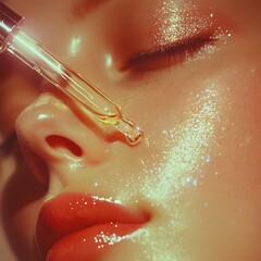 Fototapeta premium Elegant Woman Applying Nourishing Face Serum with Delicate Dropper on Neutral Background
